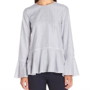 THEORY Peplum Blue Stripe L/S Cotton Top Sz L